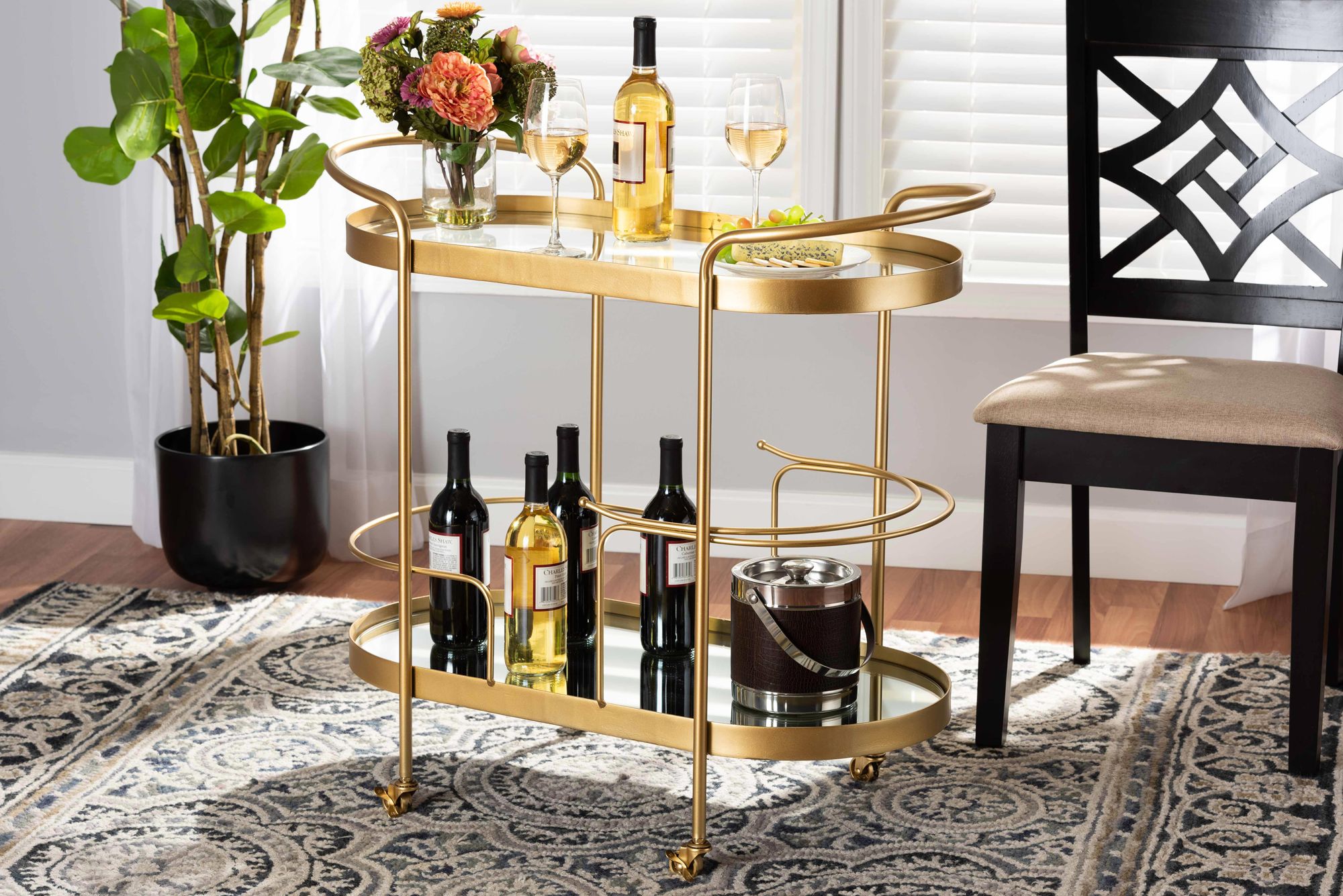 Baxton Studio Kamal Brushed Gold 2-Tier Mobile Wine Bar Cart