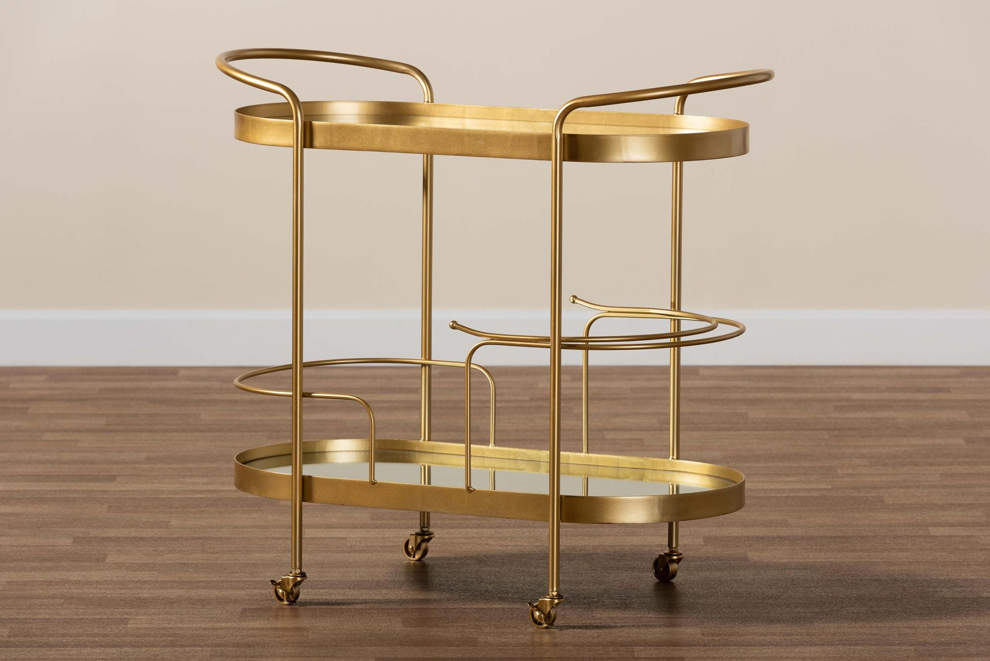 Baxton Studio Kamal Brushed Gold 2-Tier Mobile Wine Bar Cart