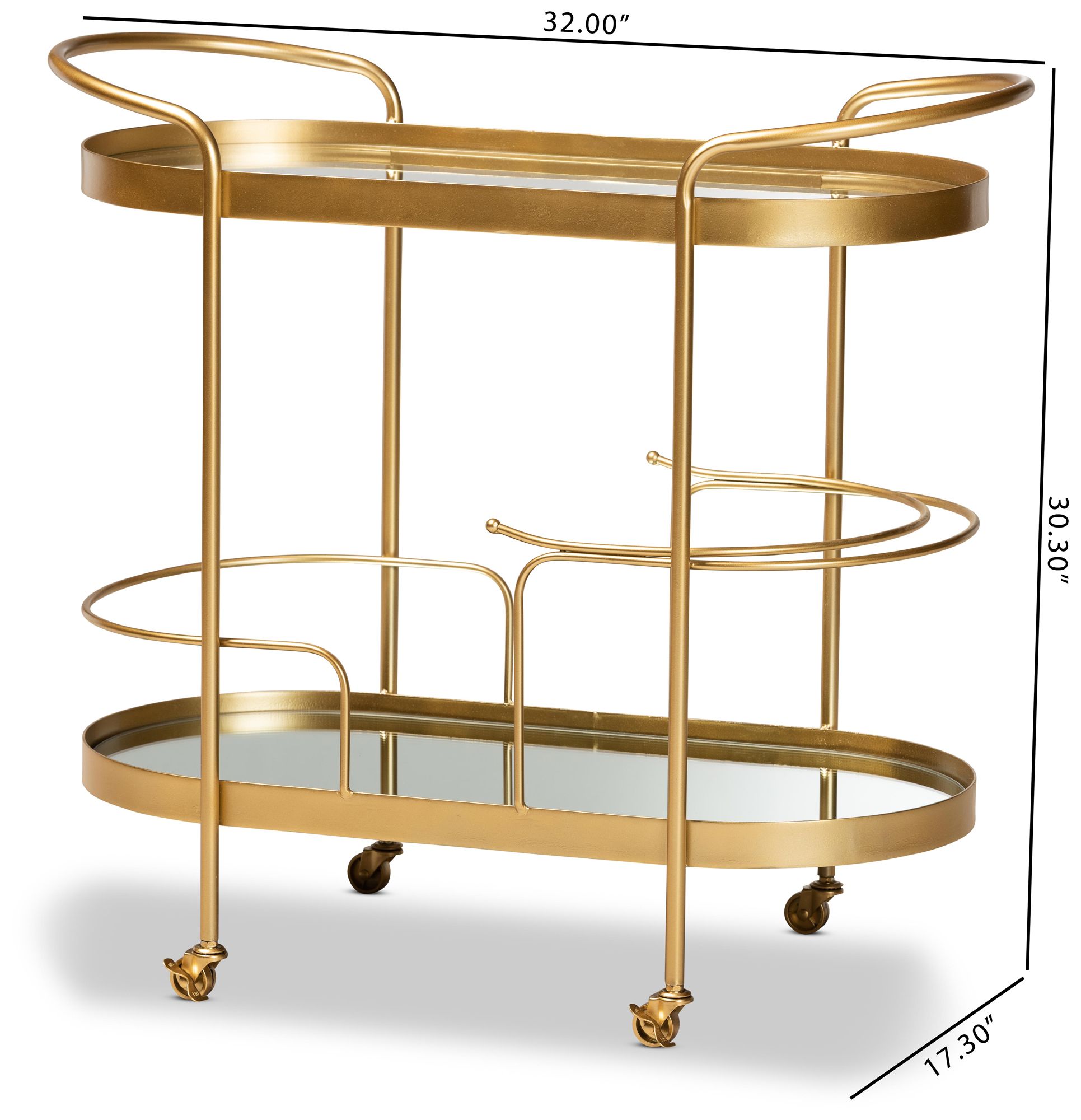 Baxton Studio Kamal Brushed Gold 2-Tier Mobile Wine Bar Cart
