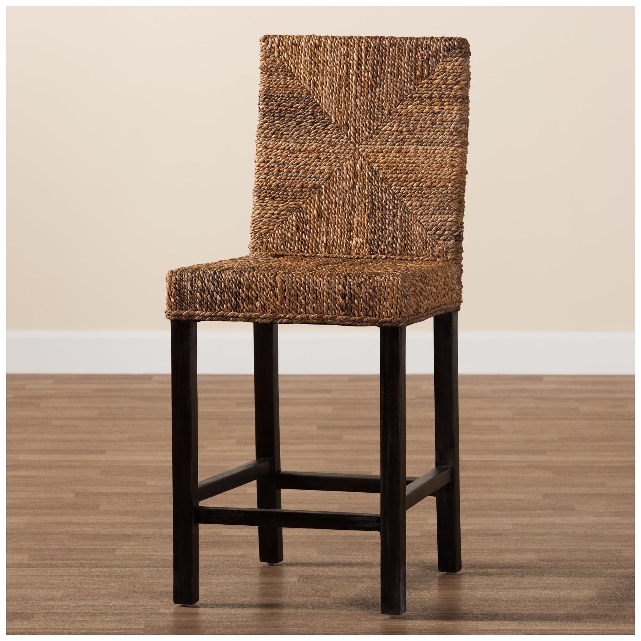 Baxton Studio Laymi Dark Brown Mahogany Wood and Seagrass Counter Stool