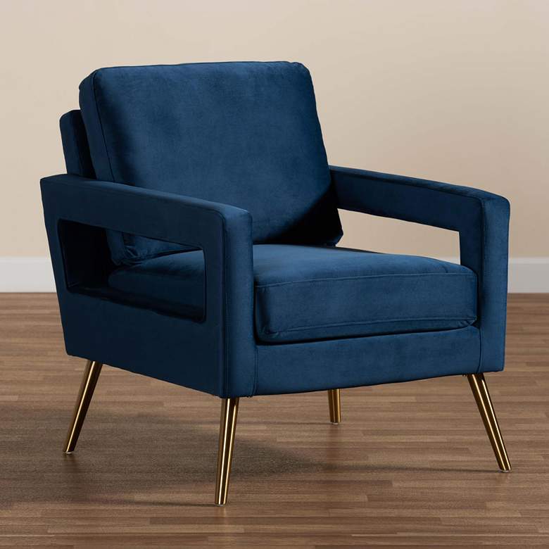 Image 1 Baxton Studio Leland Navy Blue Velvet Fabric Armchair