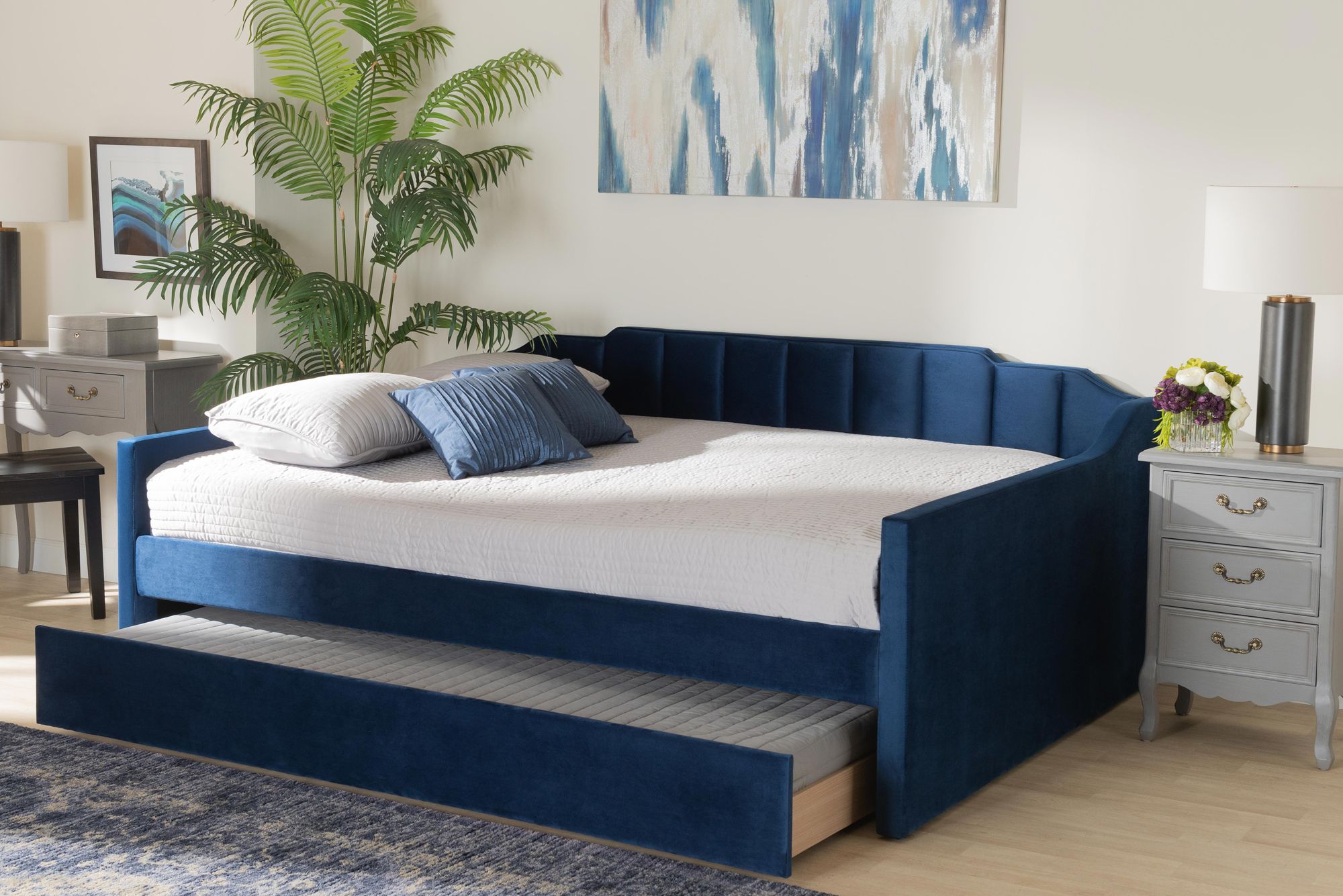 Baxton Studio Lennon Full Size Navy Blue Daybed with Trundle in scene