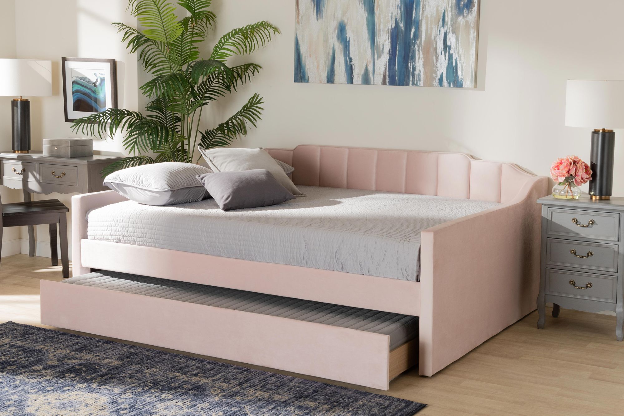 Baxton Studio Lennon Full Size Pink Daybed with Trundle in scene