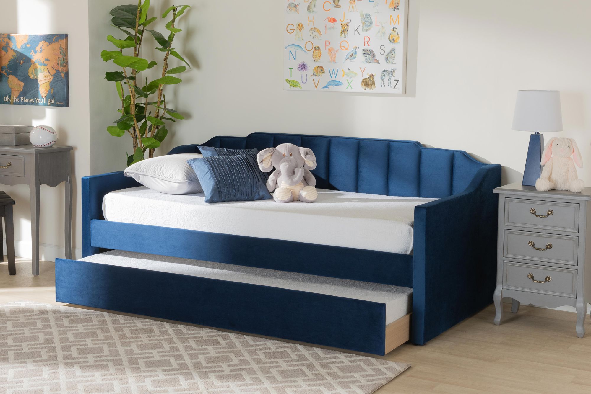 Baxton Studio Lennon Twin Size Navy Blue Daybed with Trundle in scene