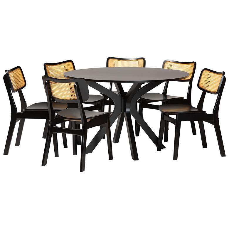 Image 1 Baxton Studio Linnet Mid Century Wood and Rattan 7-Piece Dining Set