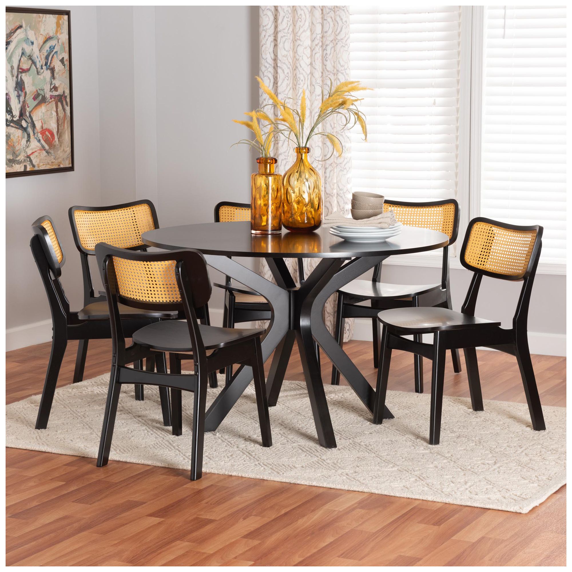 Image 2 Baxton Studio Linnet Mid Century Wood and Rattan 7-Piece Dining Set more views