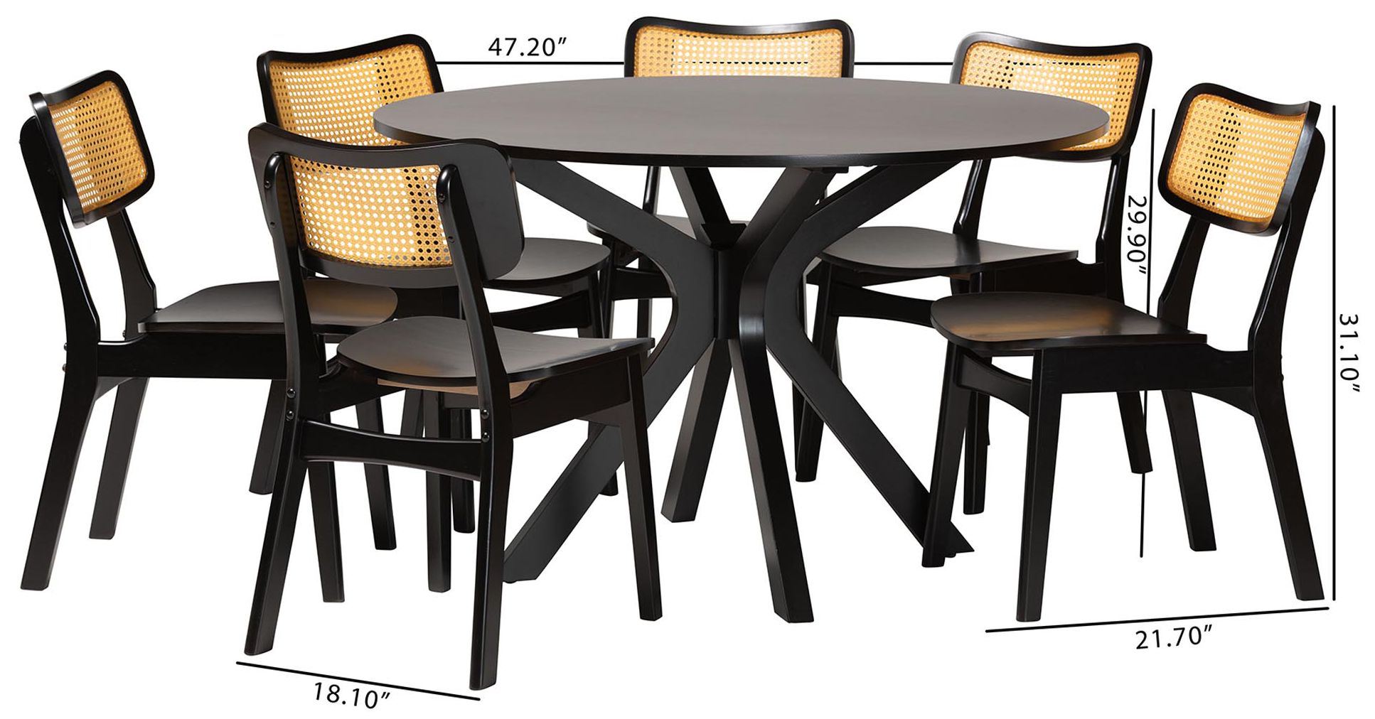 Baxton Studio Linnet Mid Century Wood and Rattan 7-Piece Dining Set