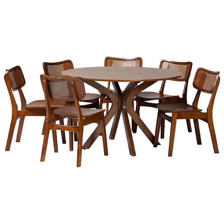 Image 1 Baxton Studio Linnet Mid Century Wood and Rattan 7-Piece Dining Set