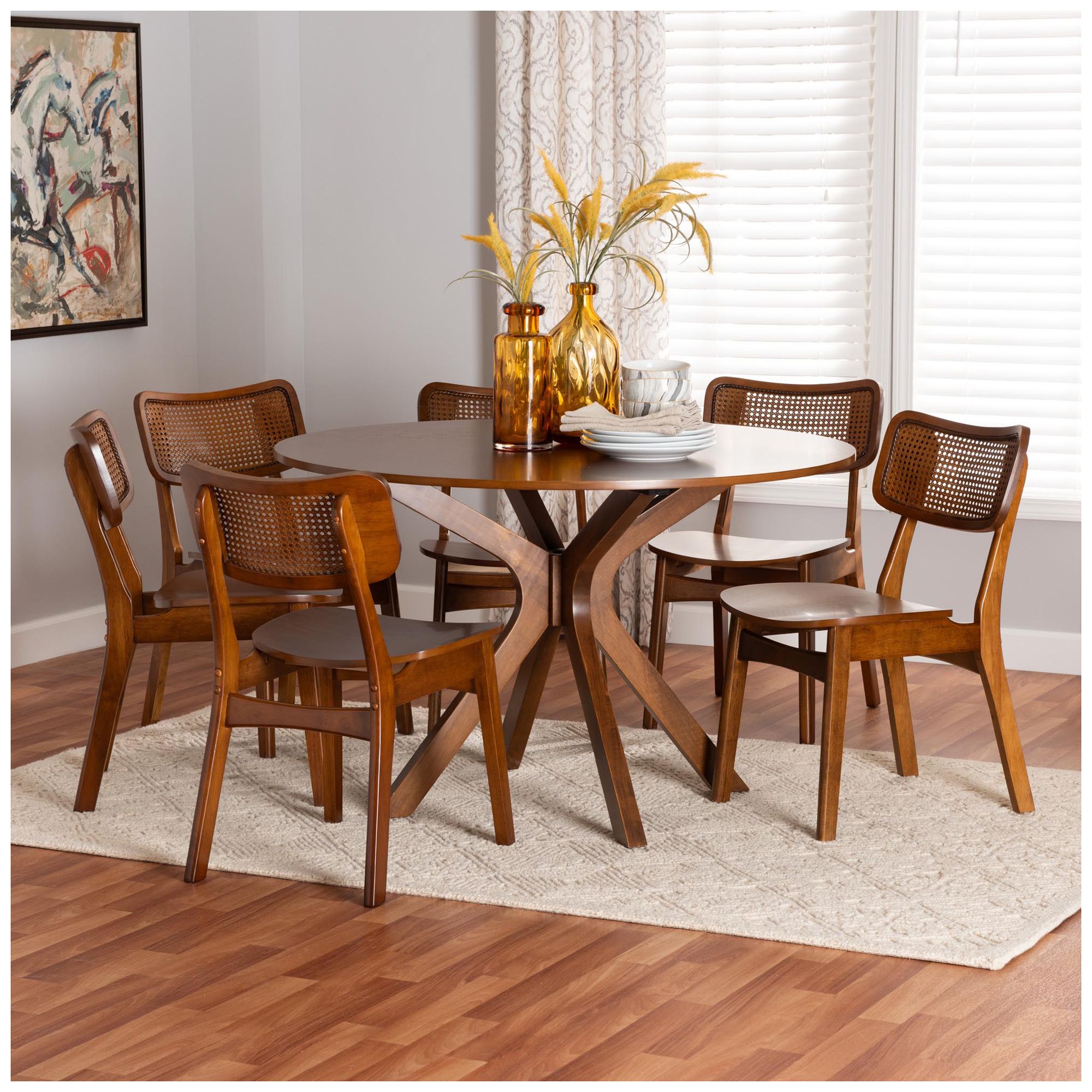 Image 2 Baxton Studio Linnet Mid Century Wood and Rattan 7-Piece Dining Set more views