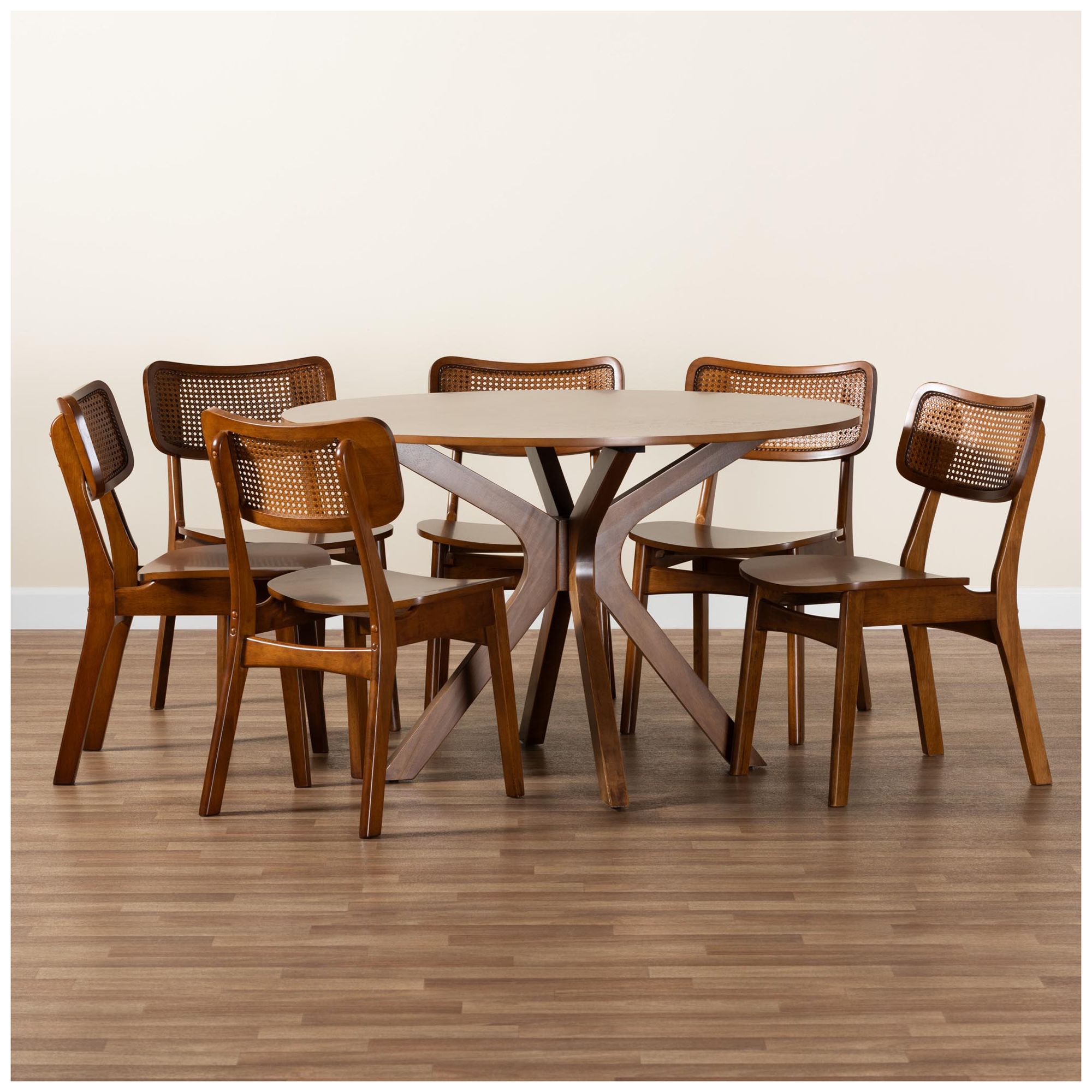 Baxton Studio Linnet Mid Century Wood and Rattan 7-Piece Dining Set