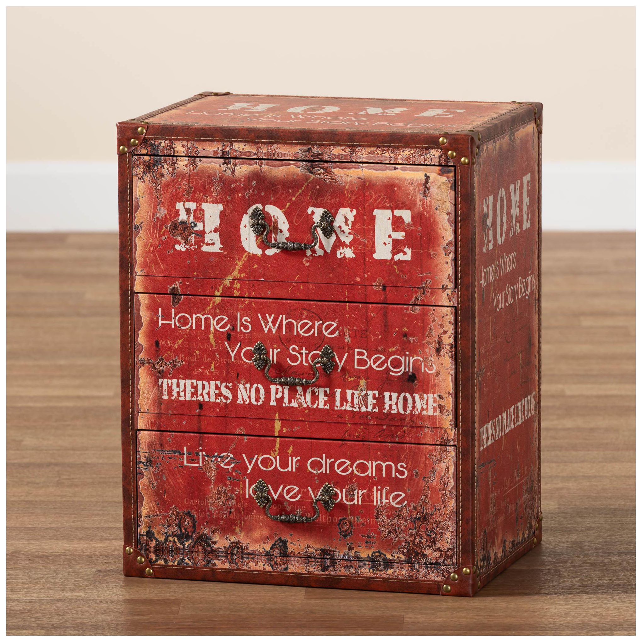 Baxton Studio Lorand Vintage Faux Leather and Wood 3 Drawer Storage Trunk