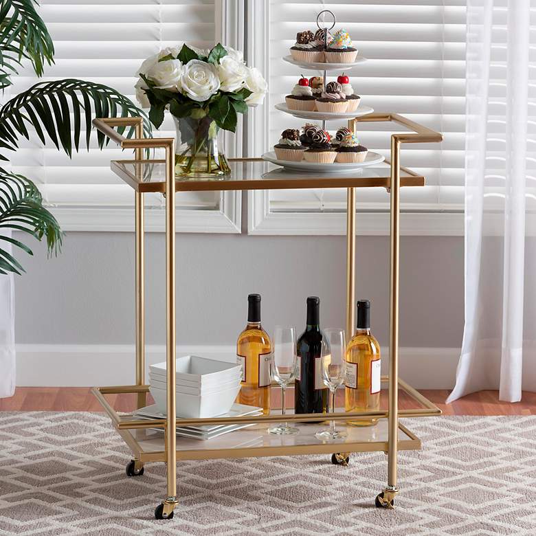 Image 1 Baxton Studio Louise 27 1/2 inchW Gold Metal 2-Tier Wine Cart