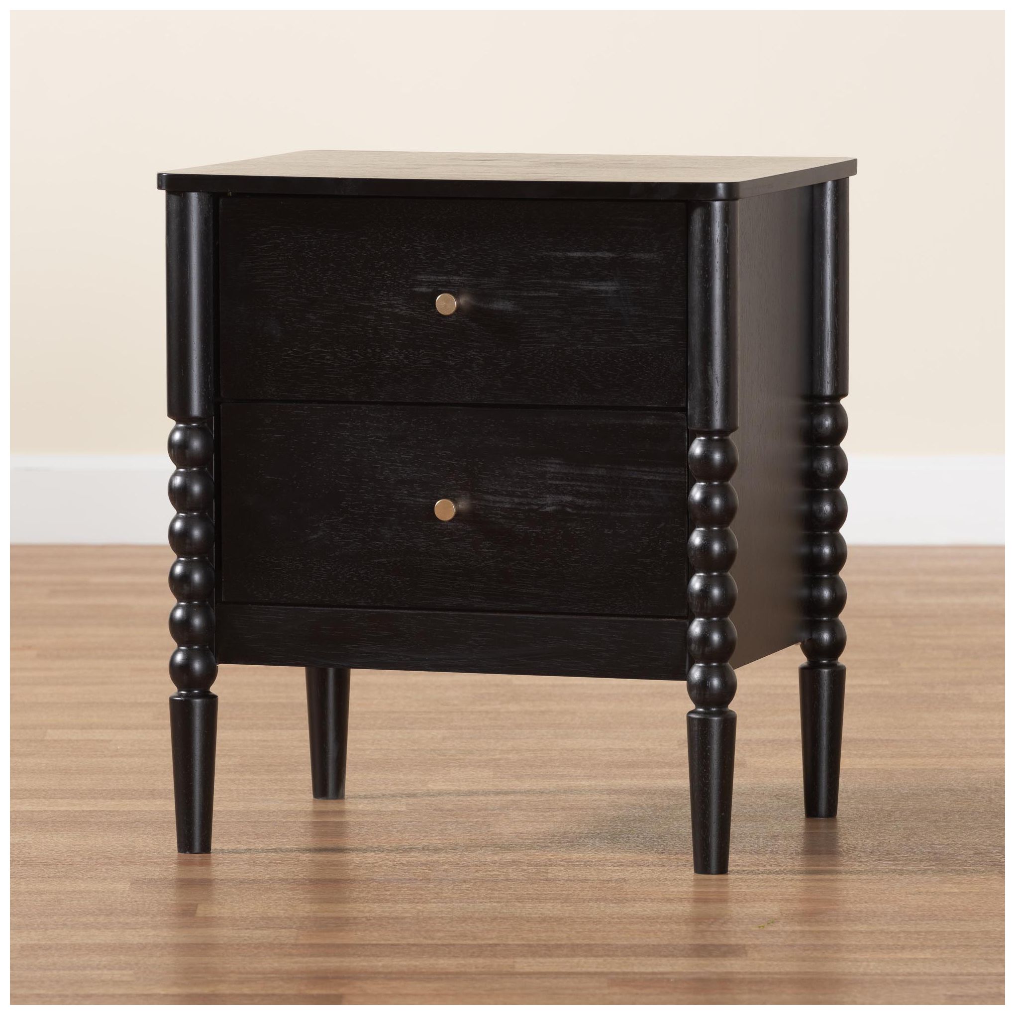 Baxton Studio Lucera Mid-Century Black 2-Drawer Bobbin Nightstand