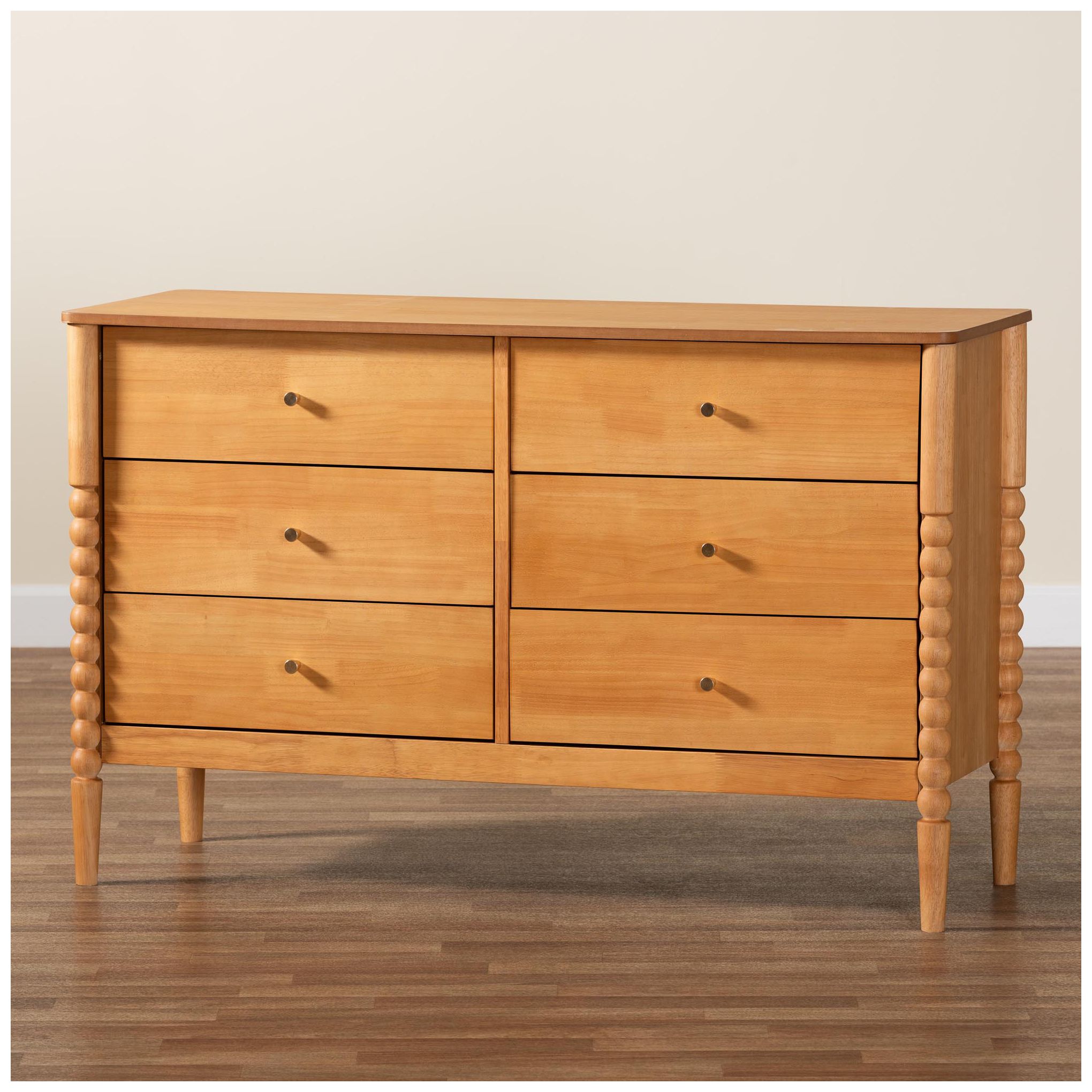 Baxton Studio Lucera Mid-Century Oak Brown Bobbin Wood 6-Drawer Dresser