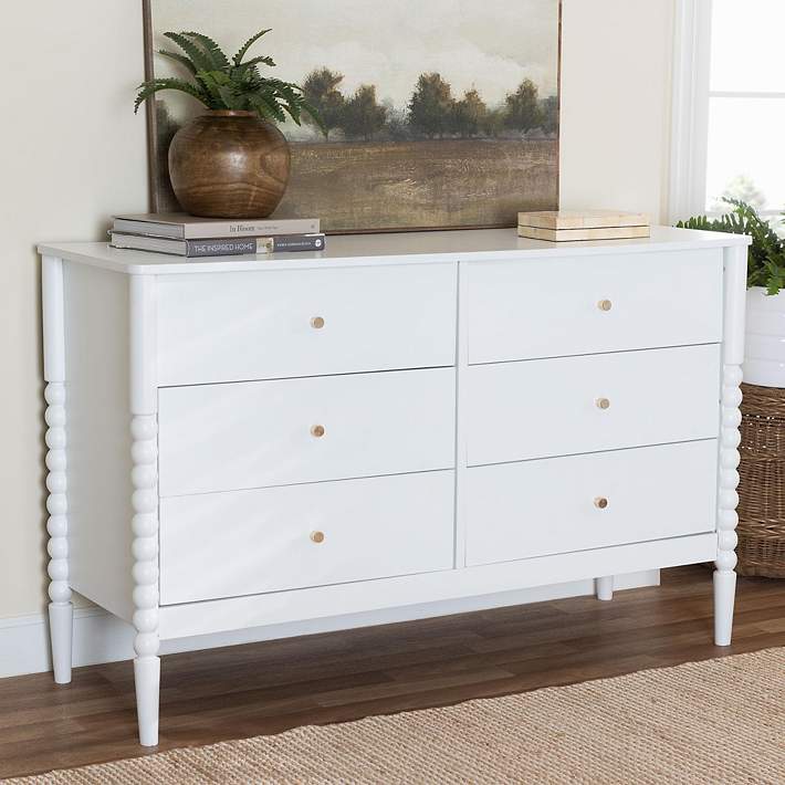white mid century dresser Warm Mid-century Neoclassical Steel drawer pulls further adorn the dresser White 9 Drawer Dresser, Modern