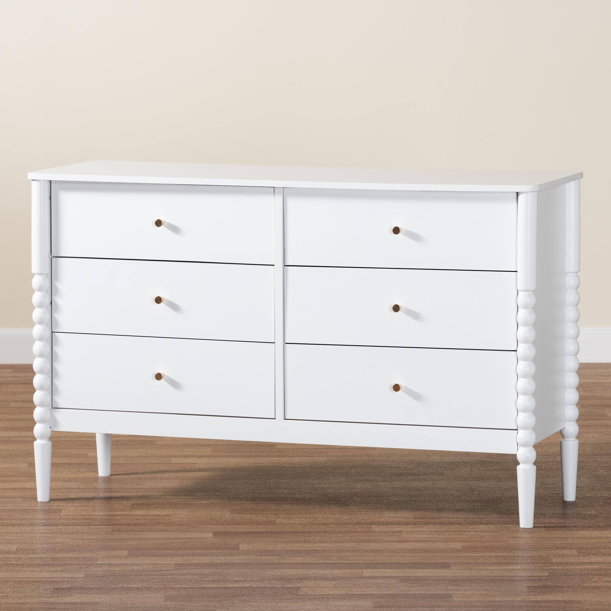 Baxton Studio Lucera Mid-Century White Bobbin Wood 6-Drawer Dresser