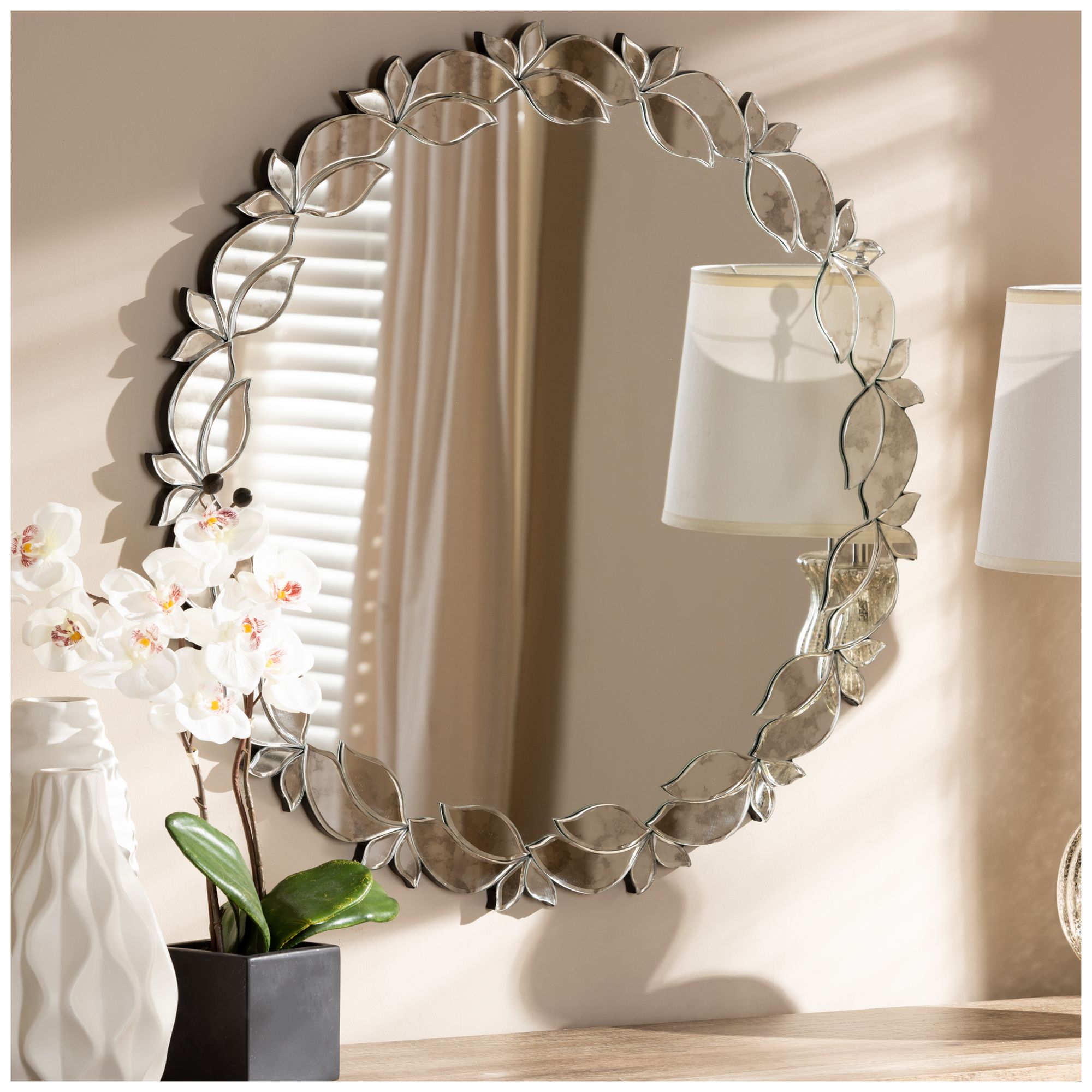 Image 3 Baxton Studio Luiza Silver Finished Round Petal Leaf Accent Wall Mirror more views