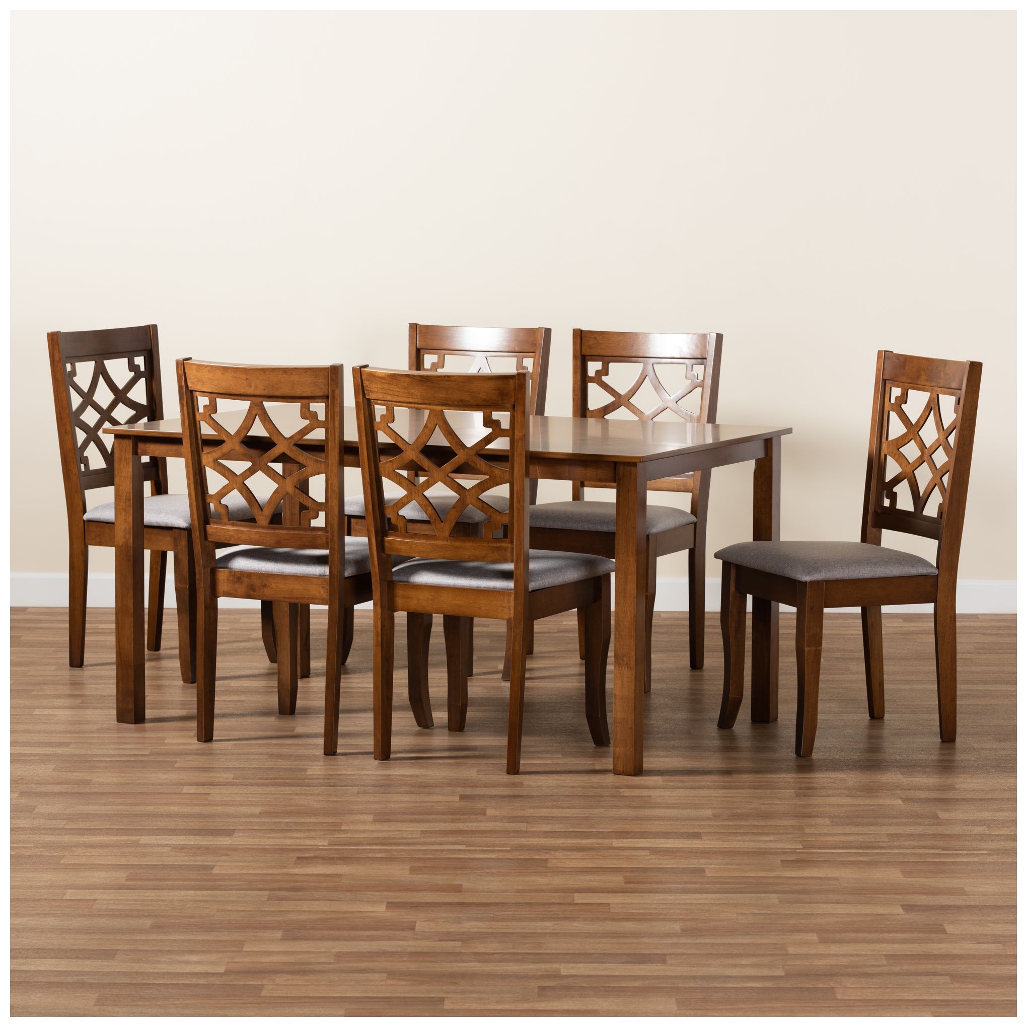 Baxton Studio Mael Walnut Brown 7-Piece Dining Set in scene