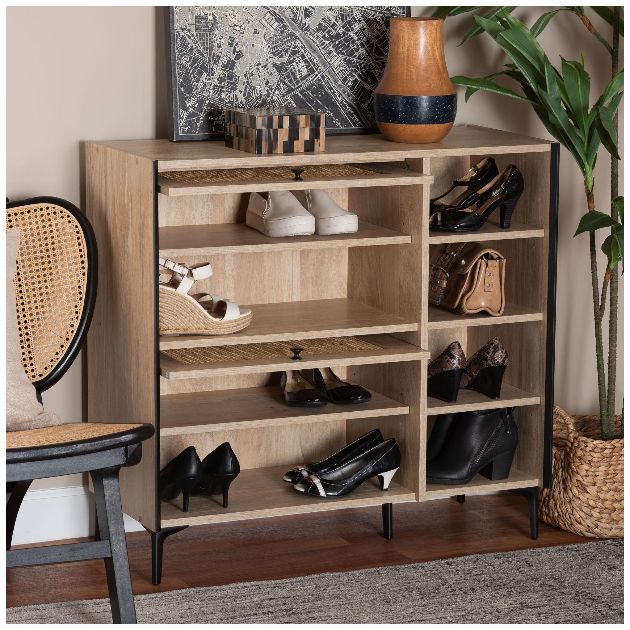 Baxton Studio Malcolm Oak Brown Wood Shoe Cabinet with Flipper Doors