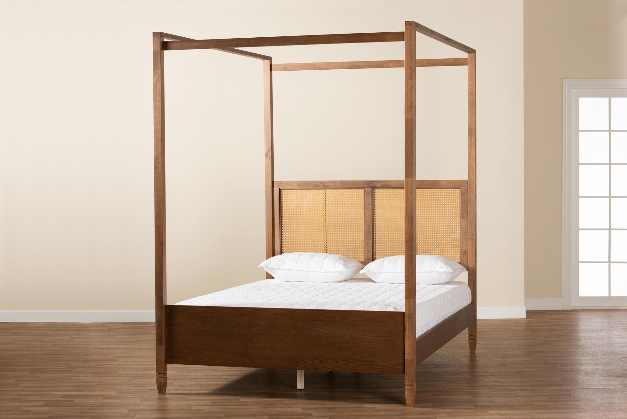 Baxton Studio Malia Walnut Brown Wood King Size Canopy Bed in scene