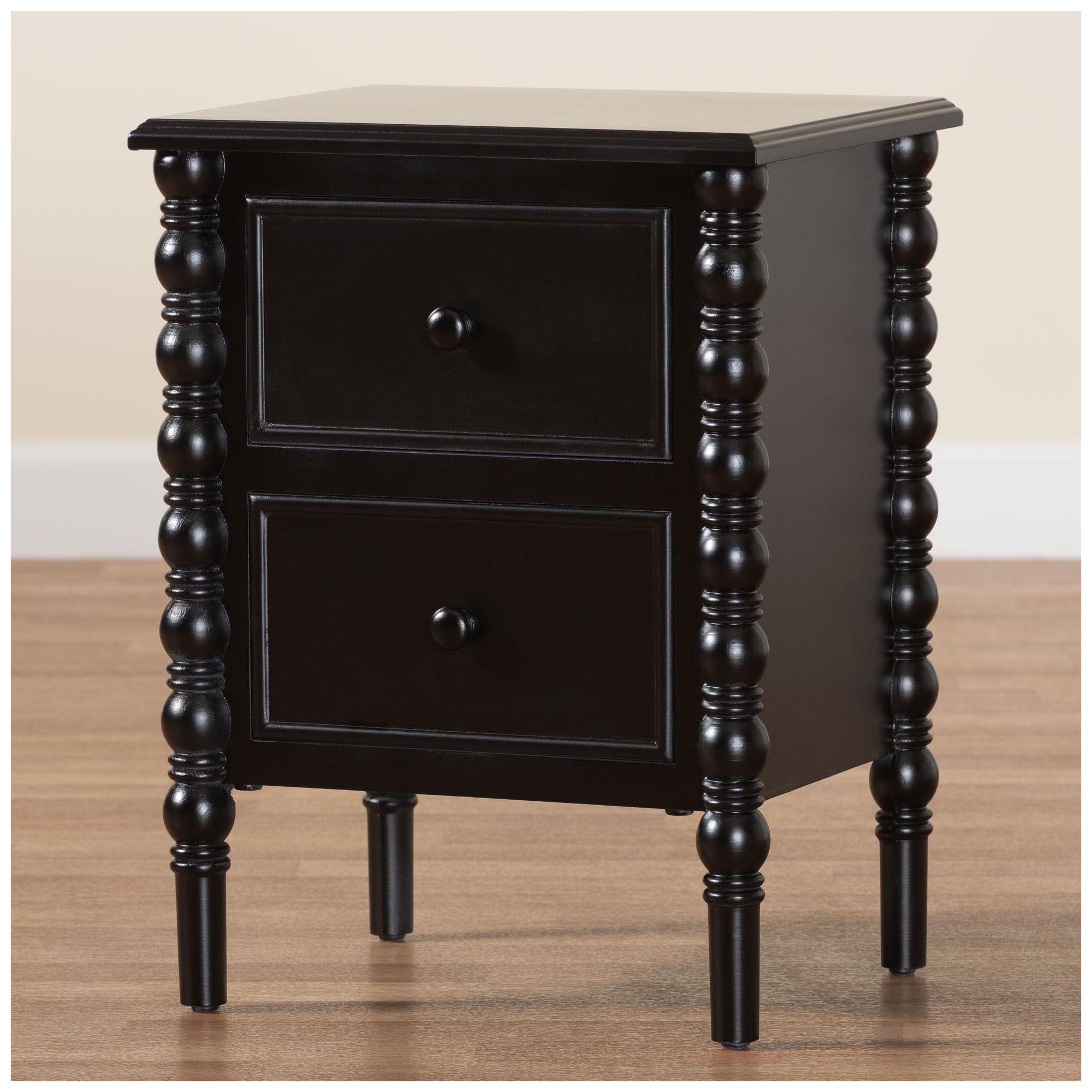 Baxton Studio Malinda Black Wood 2-Drawer End Table with Spindle Legs