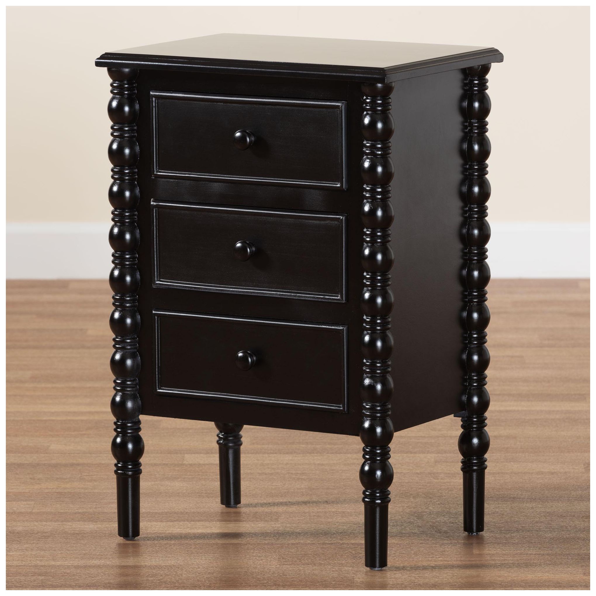 Baxton Studio Malinda Black Wood 3-Drawer End Table with Spindle Legs
