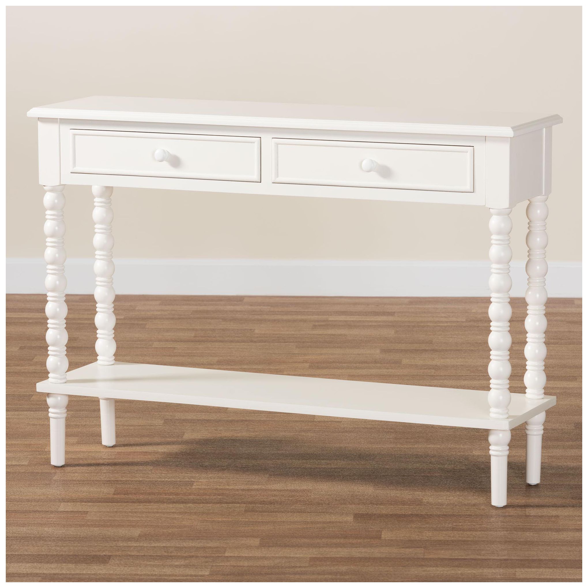 Baxton Studio Malinda White Wood 2-Drawer Console Table with Spindle Legs