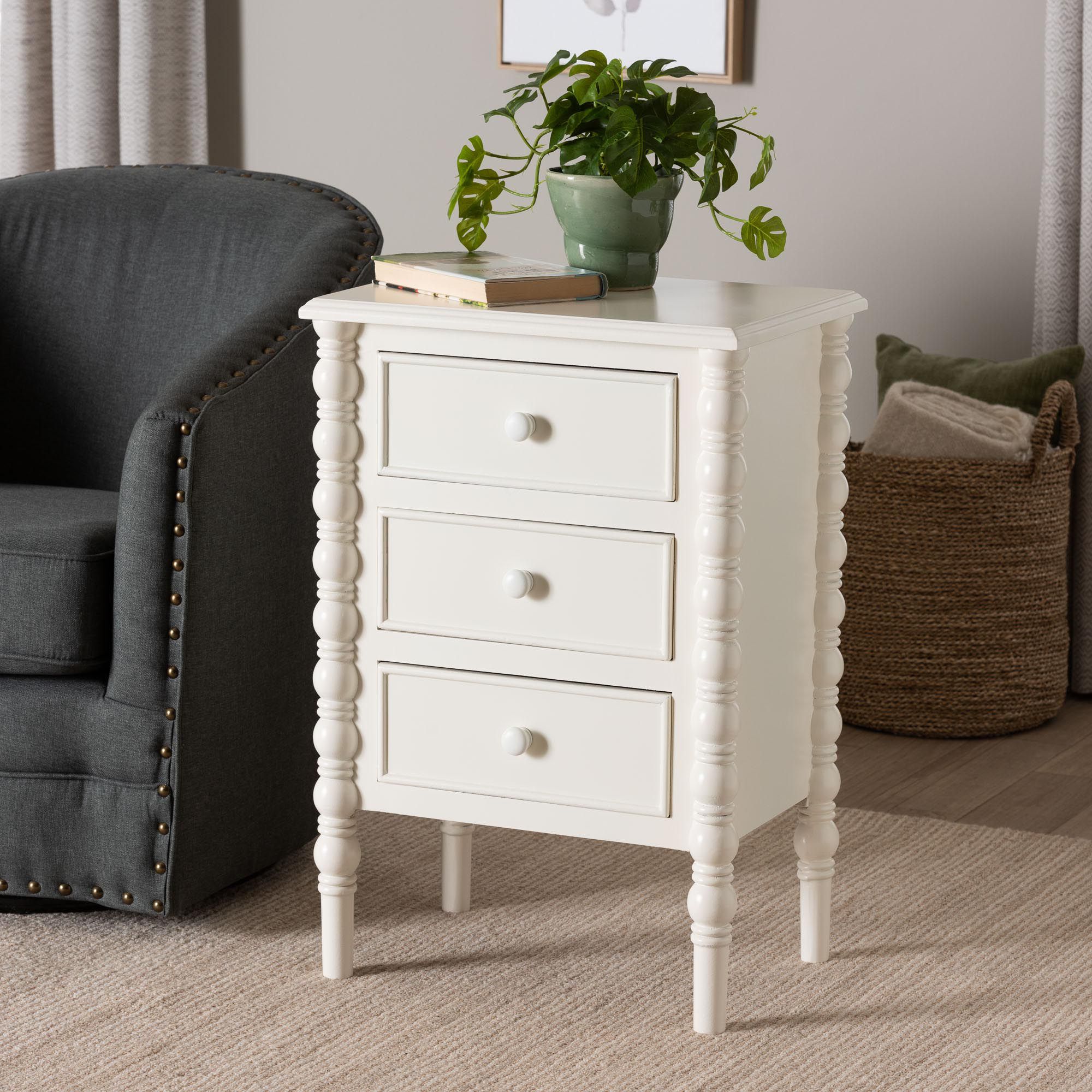 Image 2 Baxton Studio Malinda White Wood 3-Drawer End Table with Spindle Legs more views