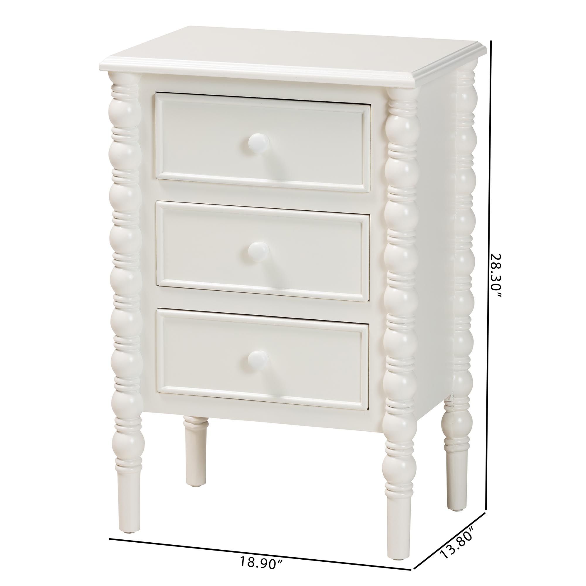 Baxton Studio Malinda White Wood 3-Drawer End Table with Spindle Legs