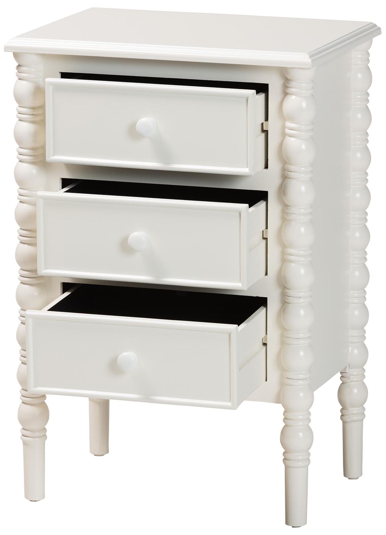Image 3 Baxton Studio Malinda White Wood 3-Drawer End Table with Spindle Legs more views