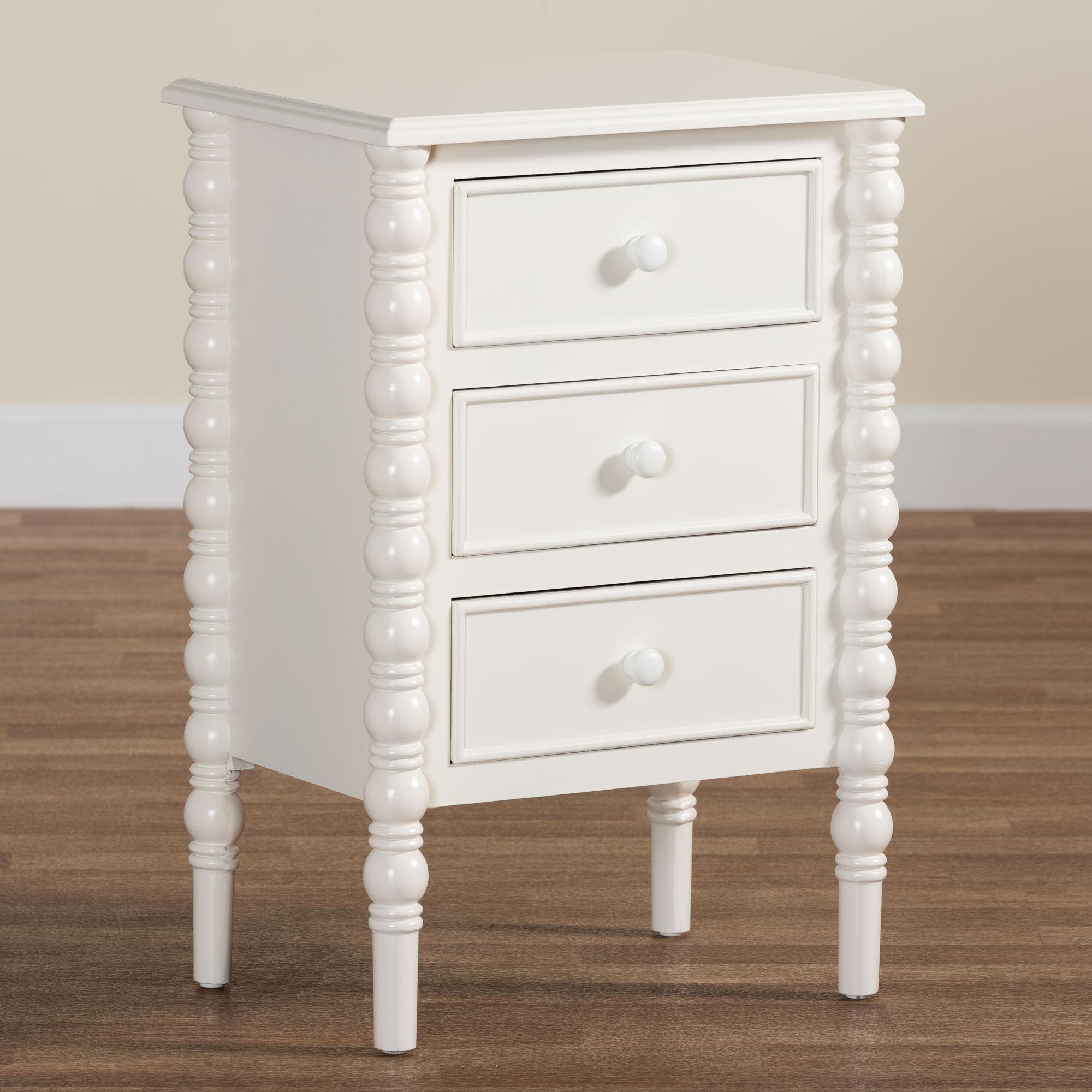 Baxton Studio Malinda White Wood 3-Drawer End Table with Spindle Legs
