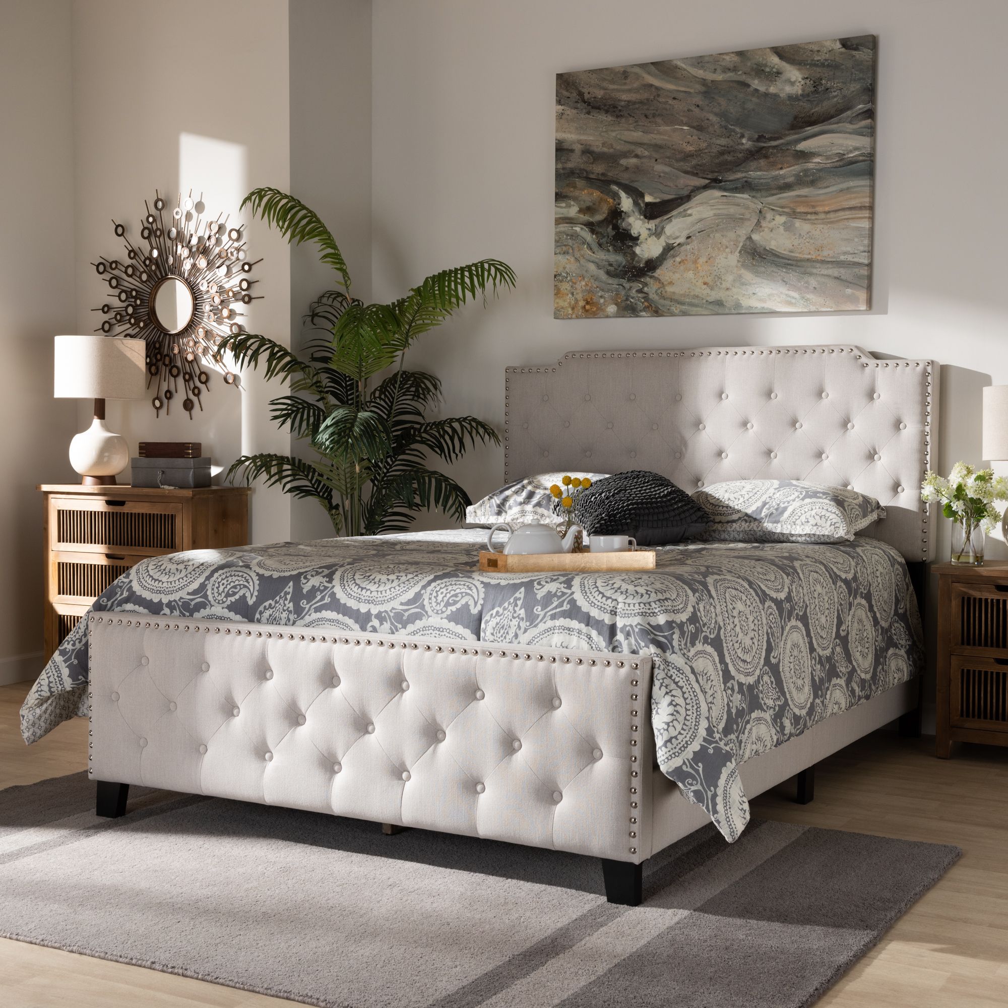Image Baxton Studio Marion Upholstered Button Tufted King Size Panel Bed