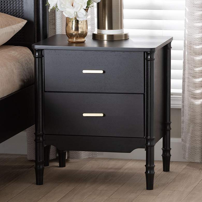 Image 1 Baxton Studio Marisela Black Wood 2-Drawer Nightstand with Gold Handles