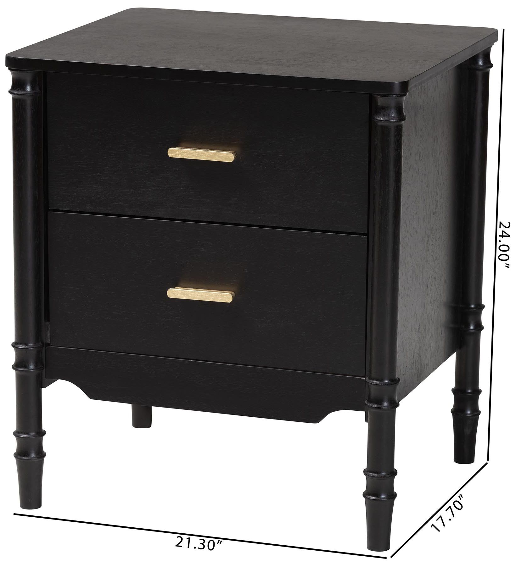Baxton Studio Marisela Black Wood 2-Drawer Nightstand with Gold Handles