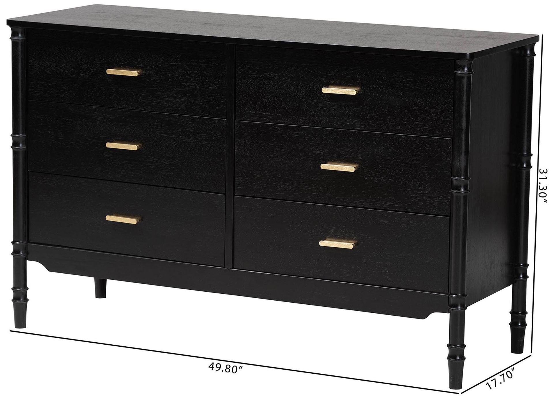 Baxton Studio Marisela Black Wood 6-Drawer Wood Dresser with Gold Handles