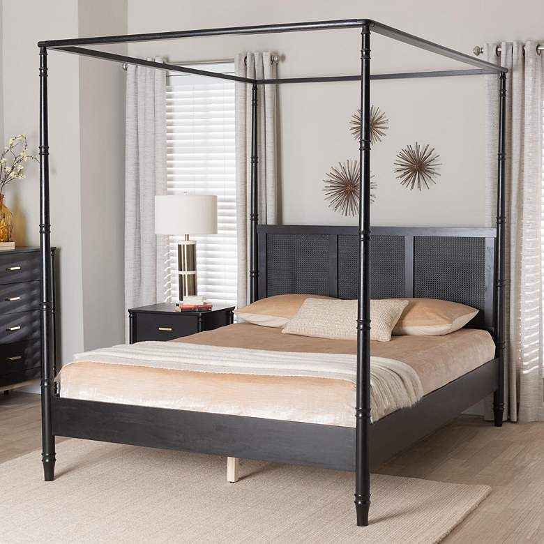 Image 1 Baxton Studio Marisela Canopy King Bed with Synthetic Rattan Headboard