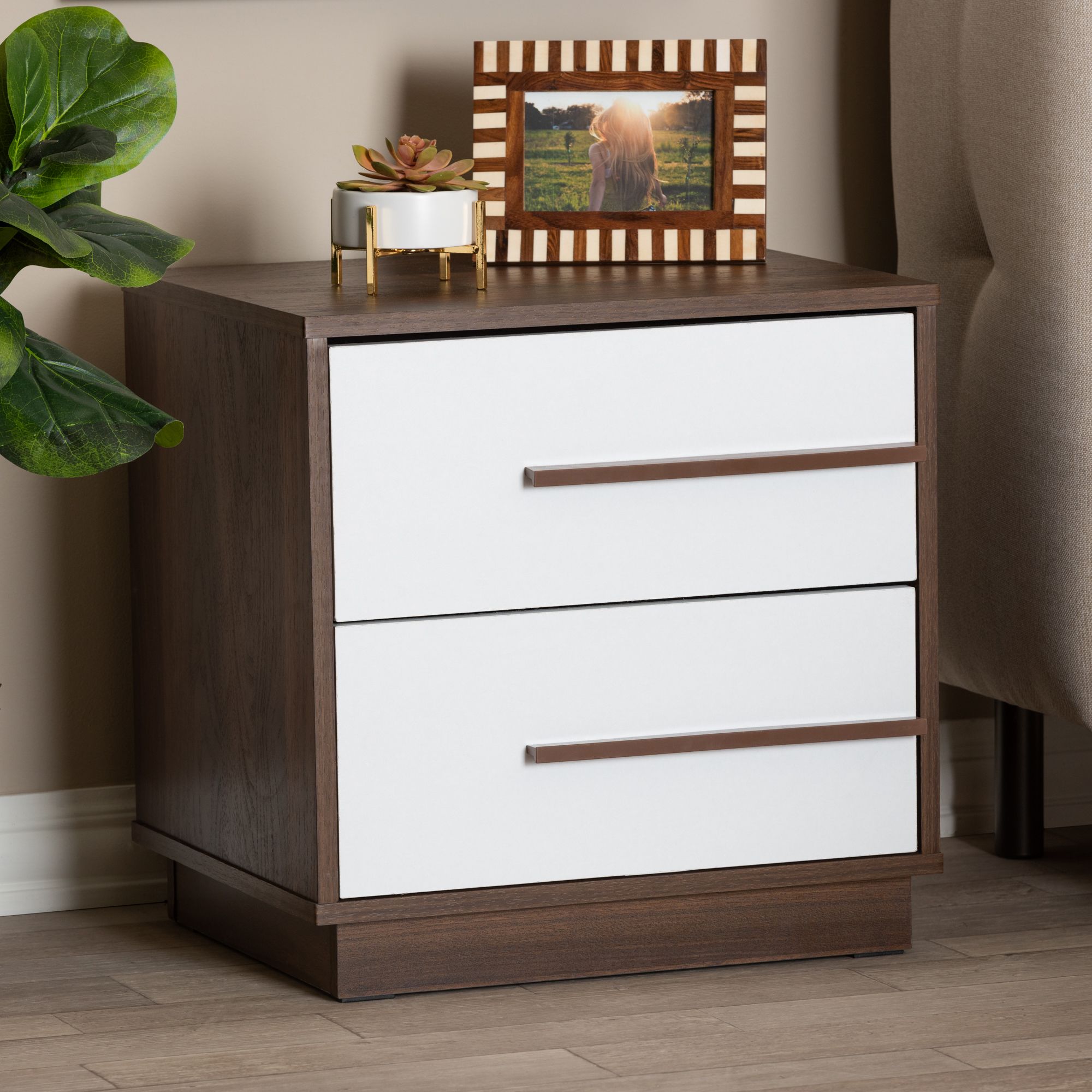 Baxton Studio Mette White Walnut 2 Drawer Wood Nightstand