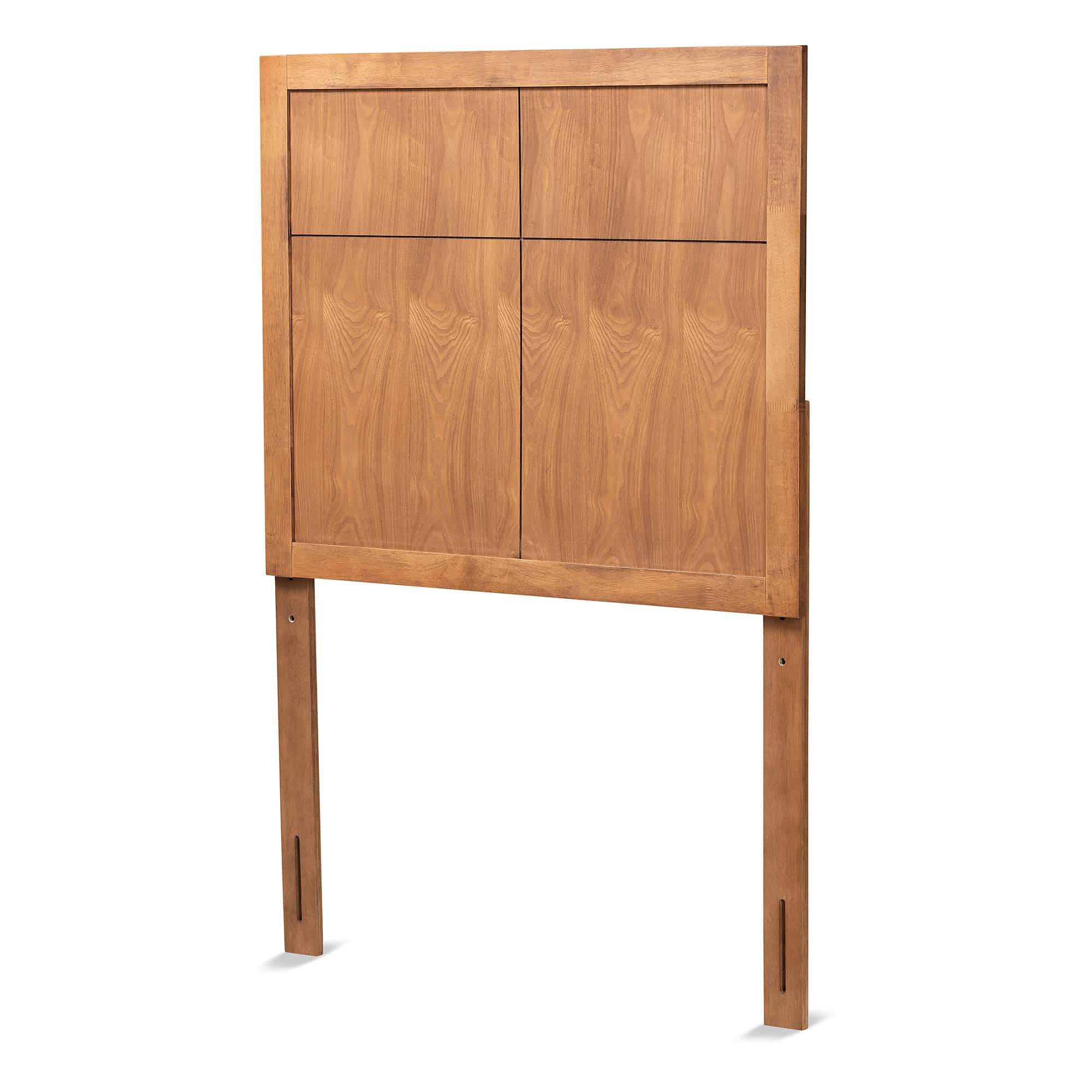 Walnut rubberwood headboard with four cabinet sections and four support legs.