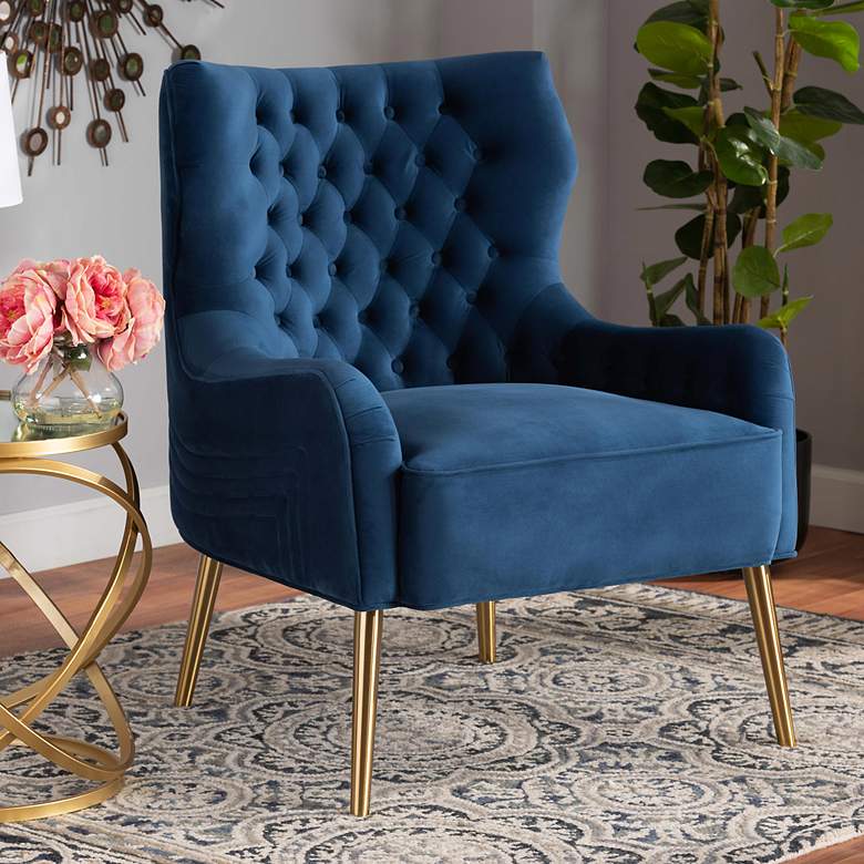 Image 1 Baxton Studio Nelson Navy Blue Velvet Tufted Armchair