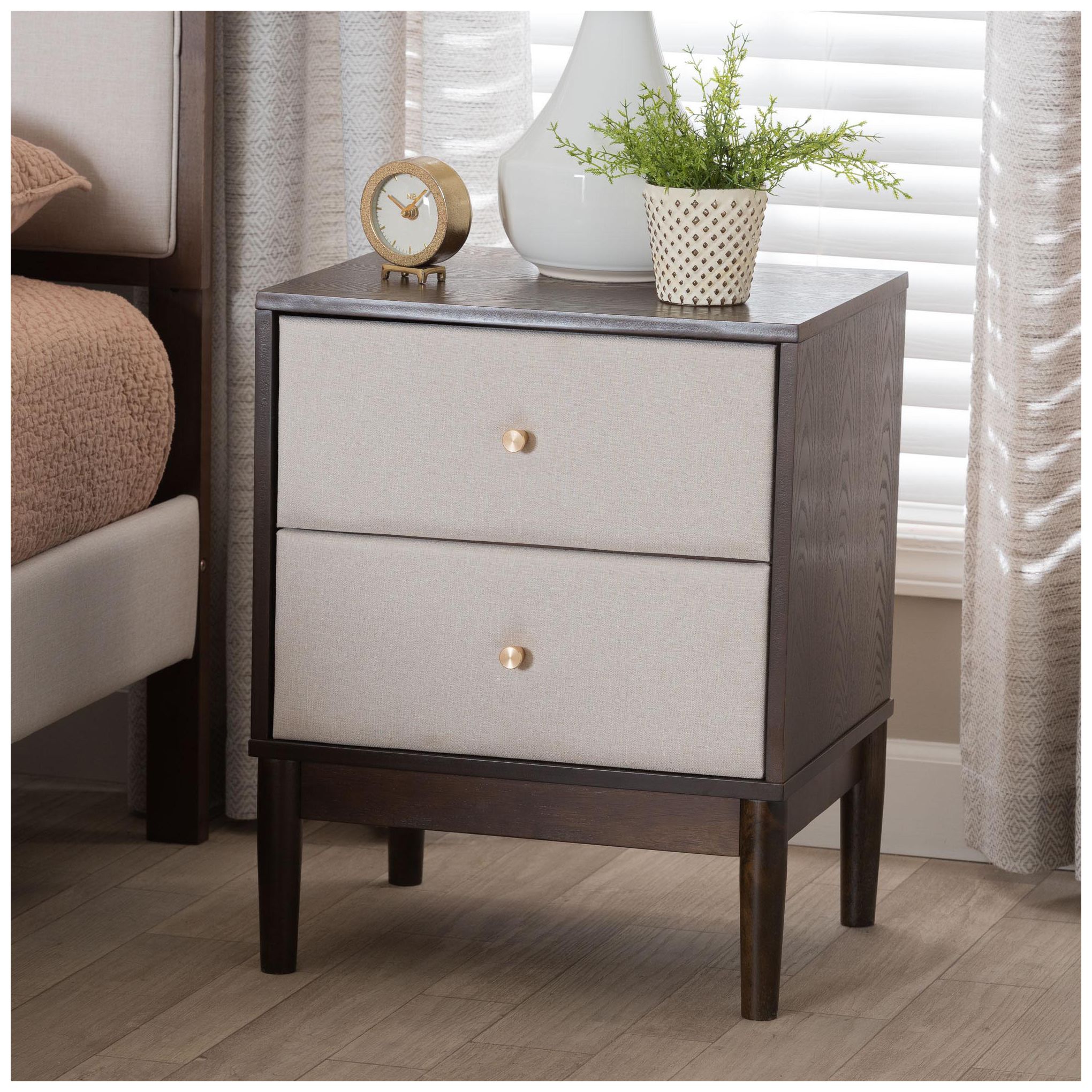 Image 2 Baxton Studio Nikolai Mid-Century Beige Fabric and Wood 2-Drawer Nightstand more views