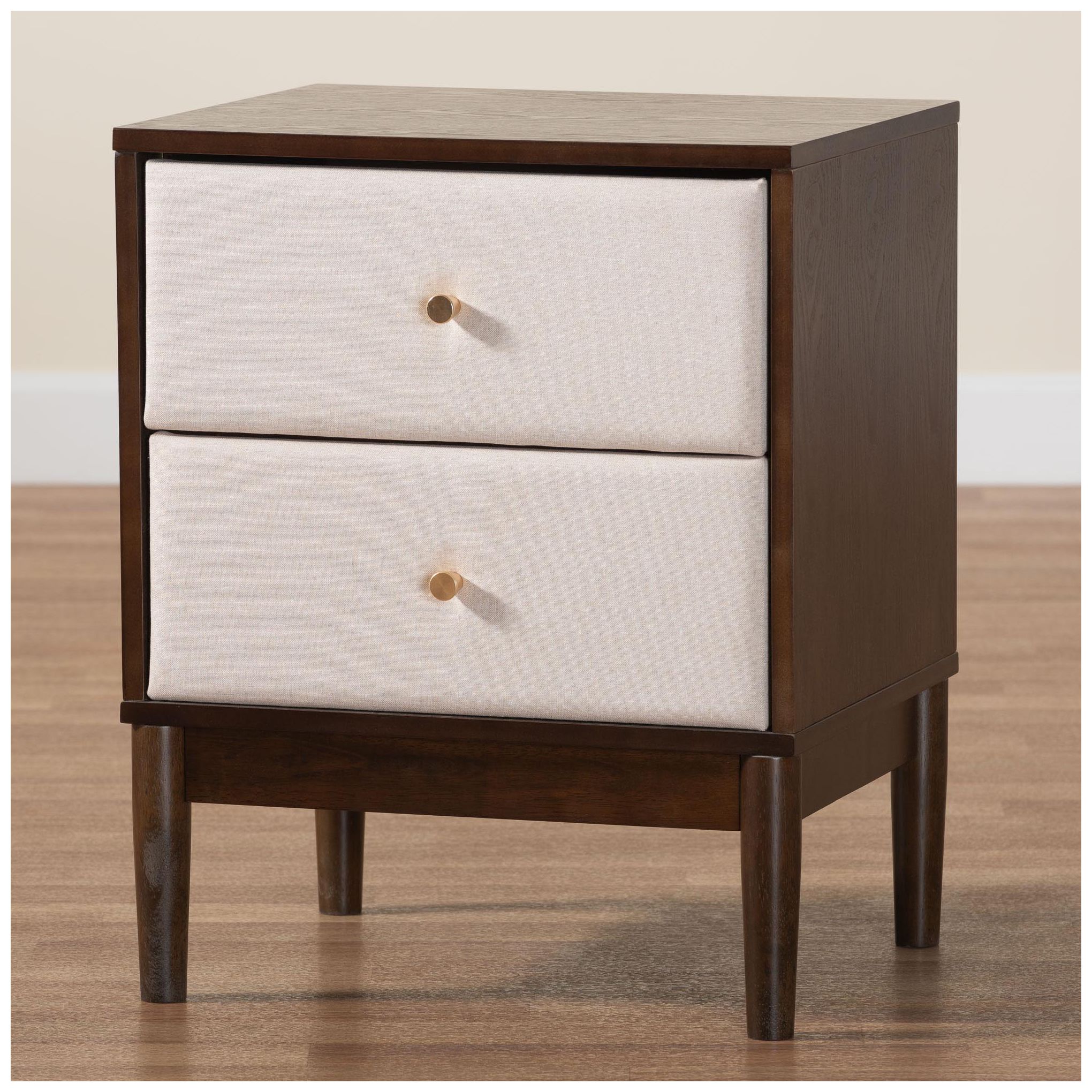 Baxton Studio Nikolai Mid-Century Beige Fabric and Wood 2-Drawer Nightstand