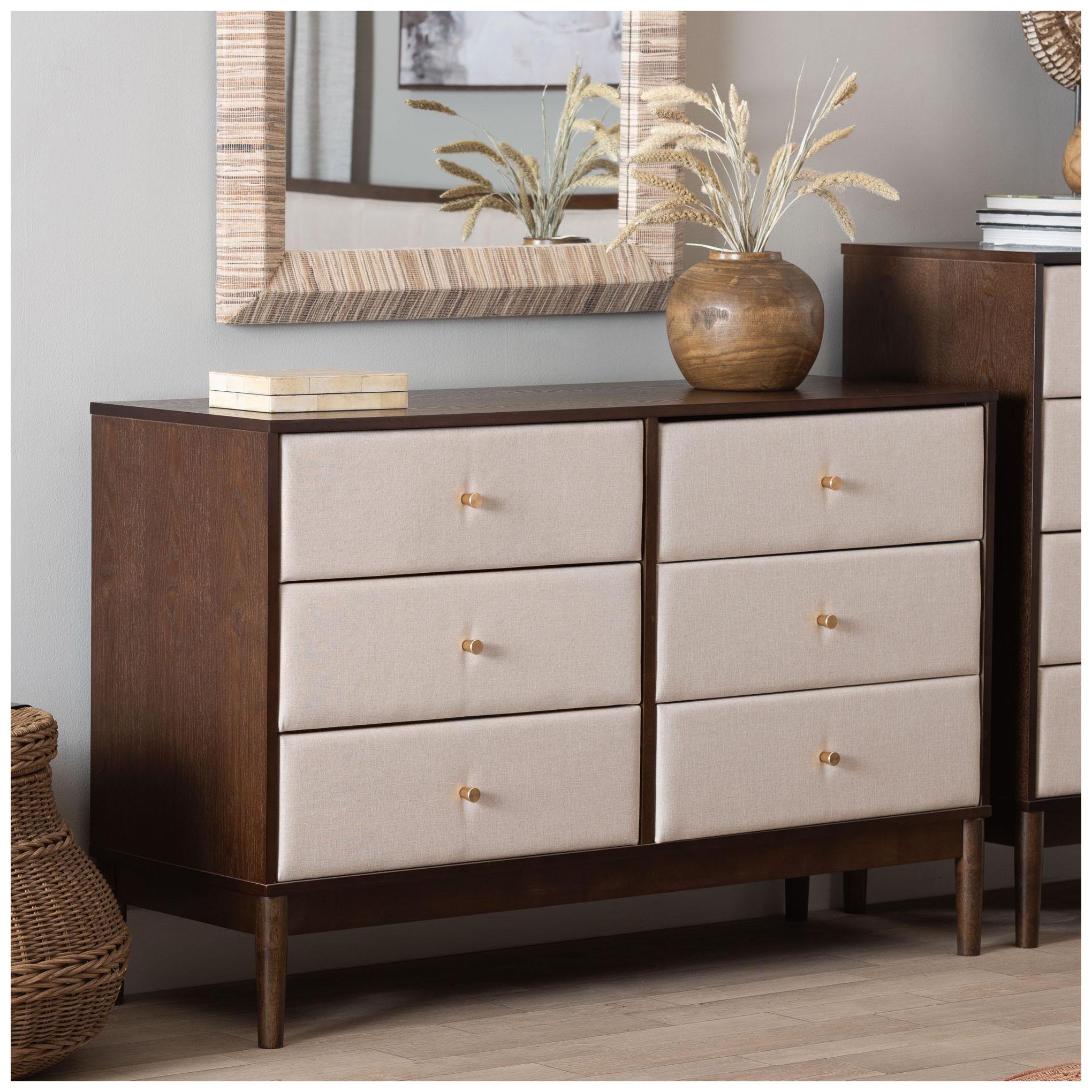 Image 2 Baxton Studio Nikolai Mid-Century Beige Fabric and Wood 6-Drawer Dresser more views