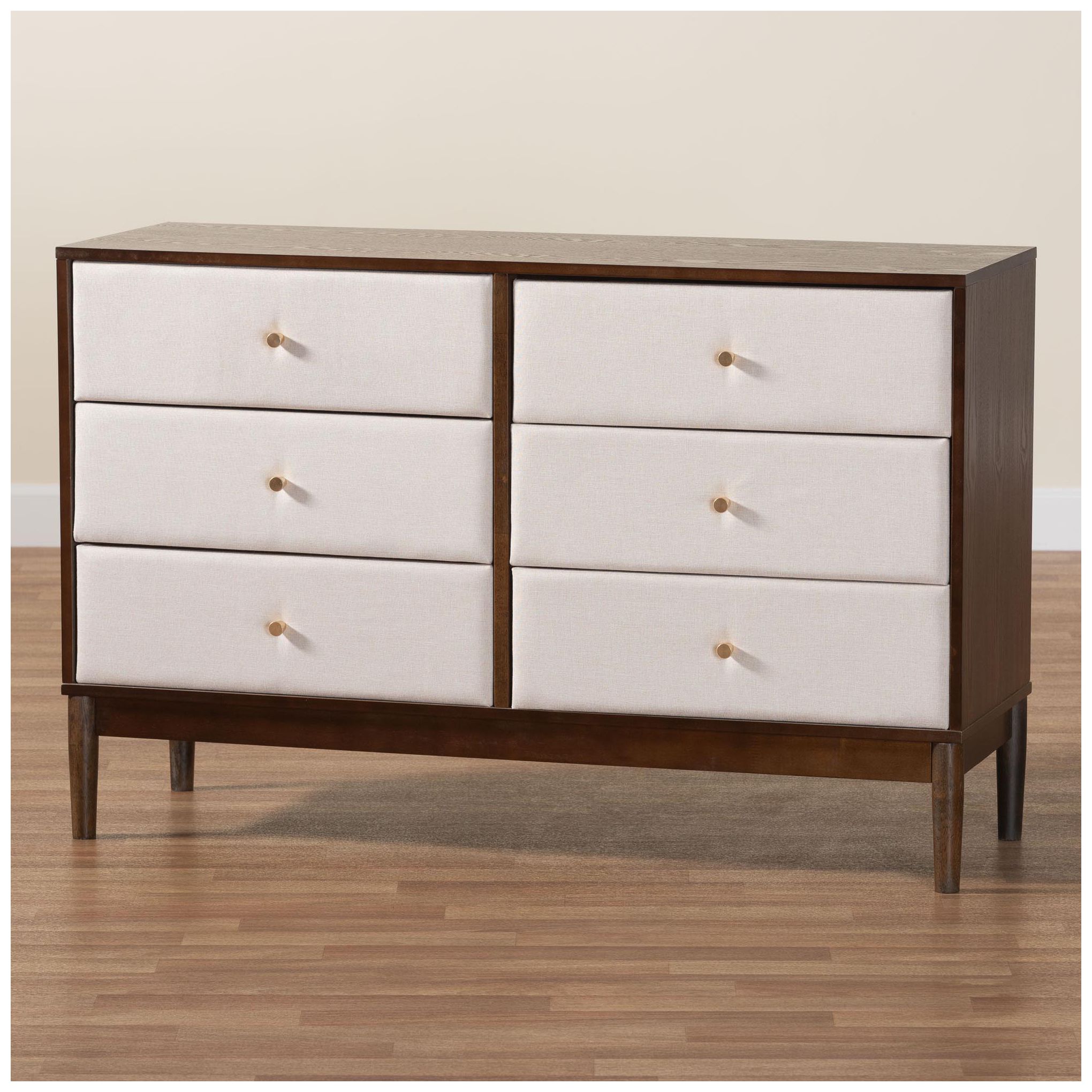 Baxton Studio Nikolai Mid-Century Beige Fabric and Wood 6-Drawer Dresser