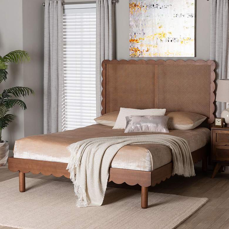 Image 1 Baxton Studio Orianthe Scalloped Platform Queen Bed with Rattan Headboard
