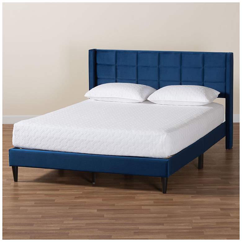 Image 1 Baxton Studio Payne Glam Navy Blue Velvet and Dark Brown Wood Queen Bed