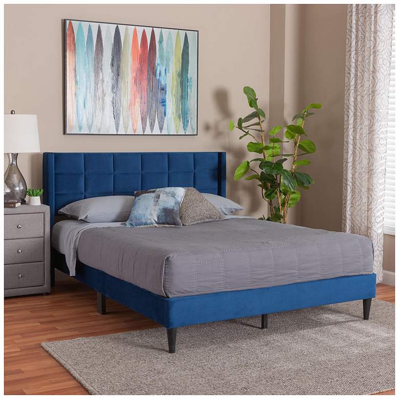 Image 3 Baxton Studio Payne Glam Navy Blue Velvet and Dark Brown Wood Queen Bed more views