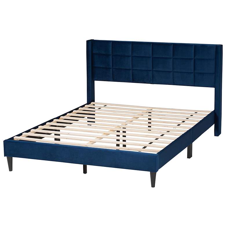 Image 5 Baxton Studio Payne Glam Navy Blue Velvet and Dark Brown Wood Queen Bed more views