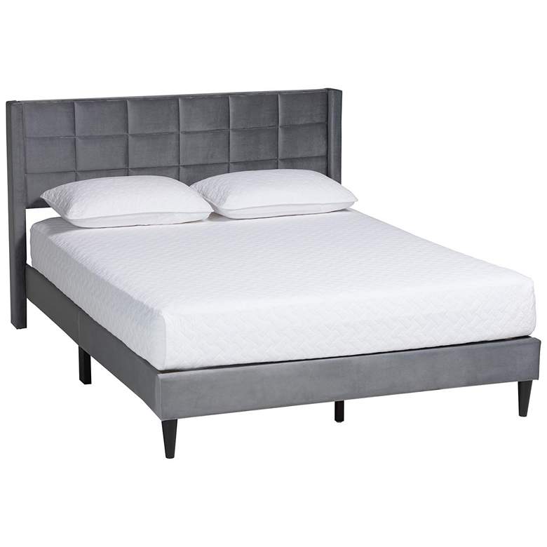 Image 2 Baxton Studio Payne Modern Glam Grey Velvet and Dark Brown Wood Queen Bed
