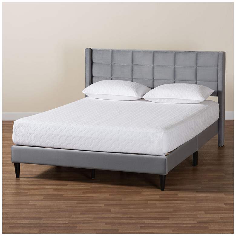 Image 1 Baxton Studio Payne Modern Glam Grey Velvet and Dark Brown Wood Queen Bed