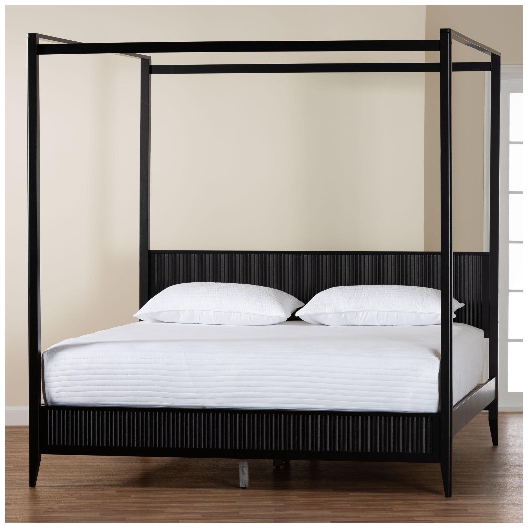 Baxton Studio Primrose Mid-Century Black Fluted Wood King Size Canopy Bed